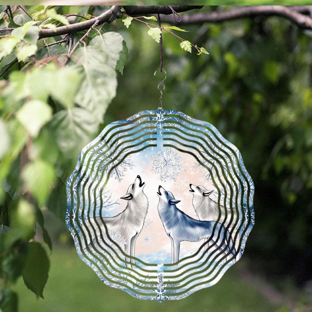 Winterwunderland 10 Zoll Metall-Windspiel mit heulenden Wölfen Schneeflocken-Design 360 drehbarer Haken für Garten Terrasse Balkondekoration Geschenk