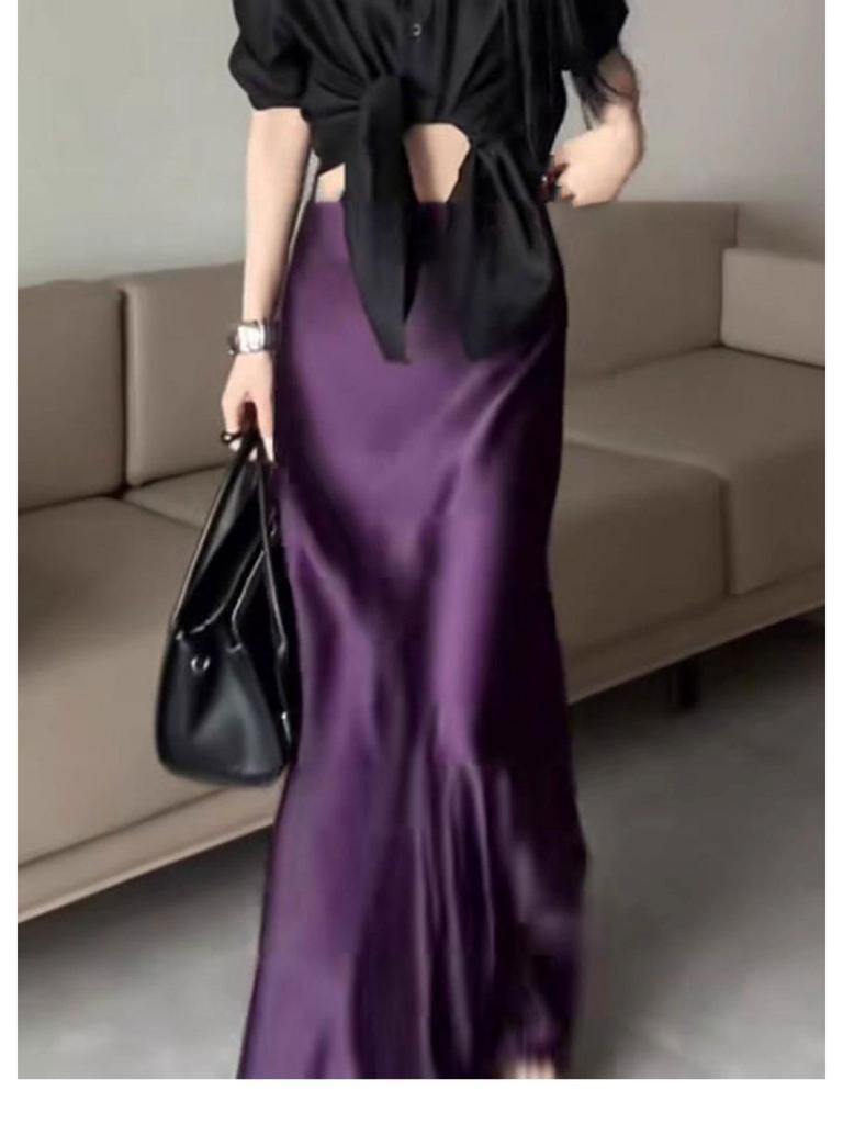 Champagne Satin Fishtail High-End Silk Skirt for Women - Summer 2025