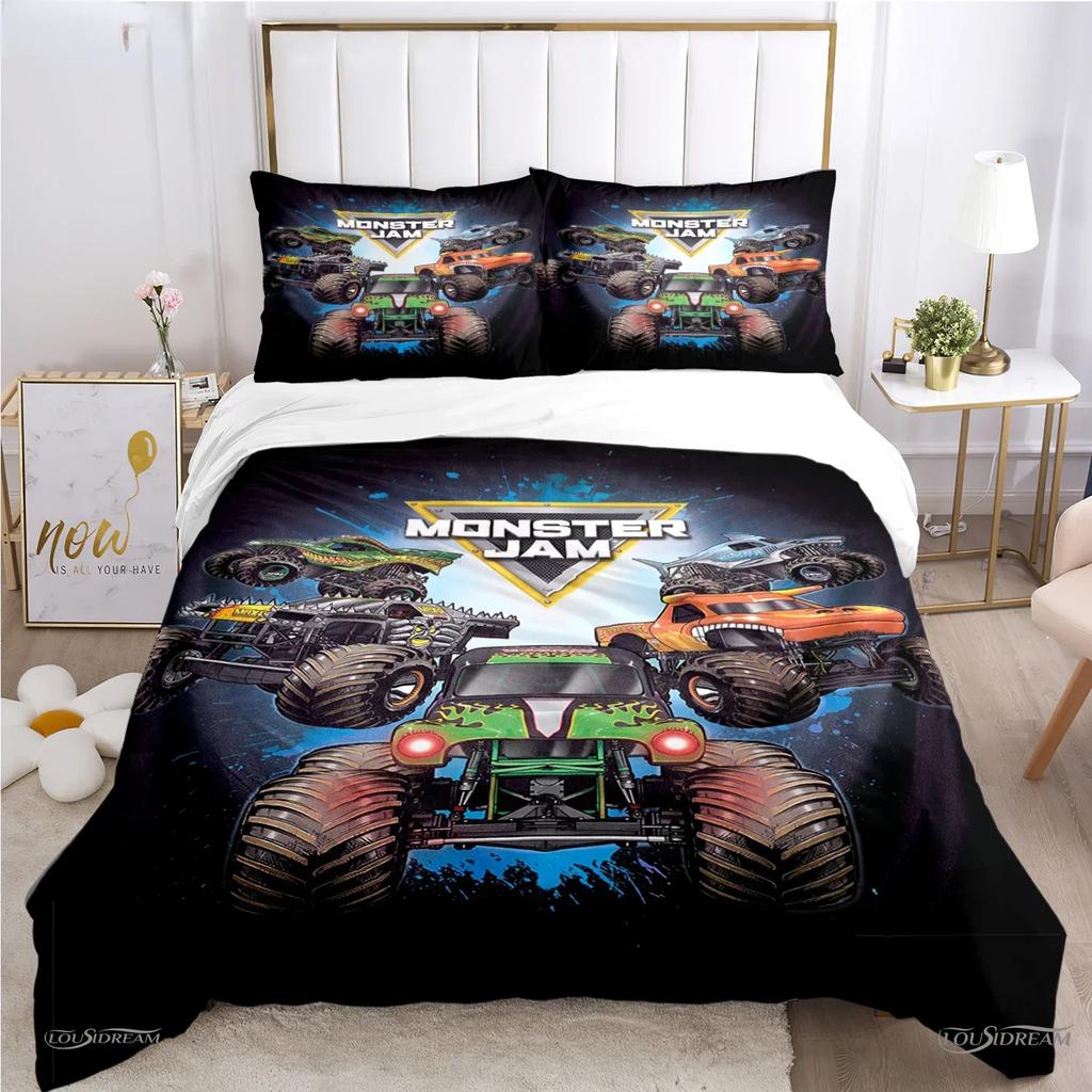 Copripiumino Monster Truck Catroon Monster Jam Set Biancheria da Letto Copripiumino Morbido e Federe per Adolescenti Singolo/Matrimoniale/Queen/King