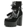 Gdgydh Gothic Vintage Spitzen-Stiefeletten für Damen, Blumenmuster, klobiger Absatz, Plateaustiefel mit Kette, Kleid, Outdoor