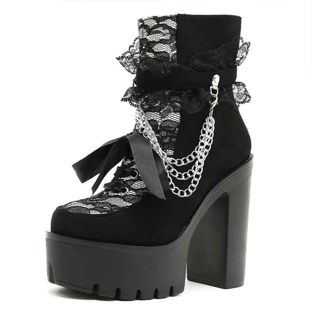 Gdgydh Gothic Vintage Lace Ankle Boots for Women Floral Pattern Chunky Heel Platform Boots with Chain Dress Outdoor