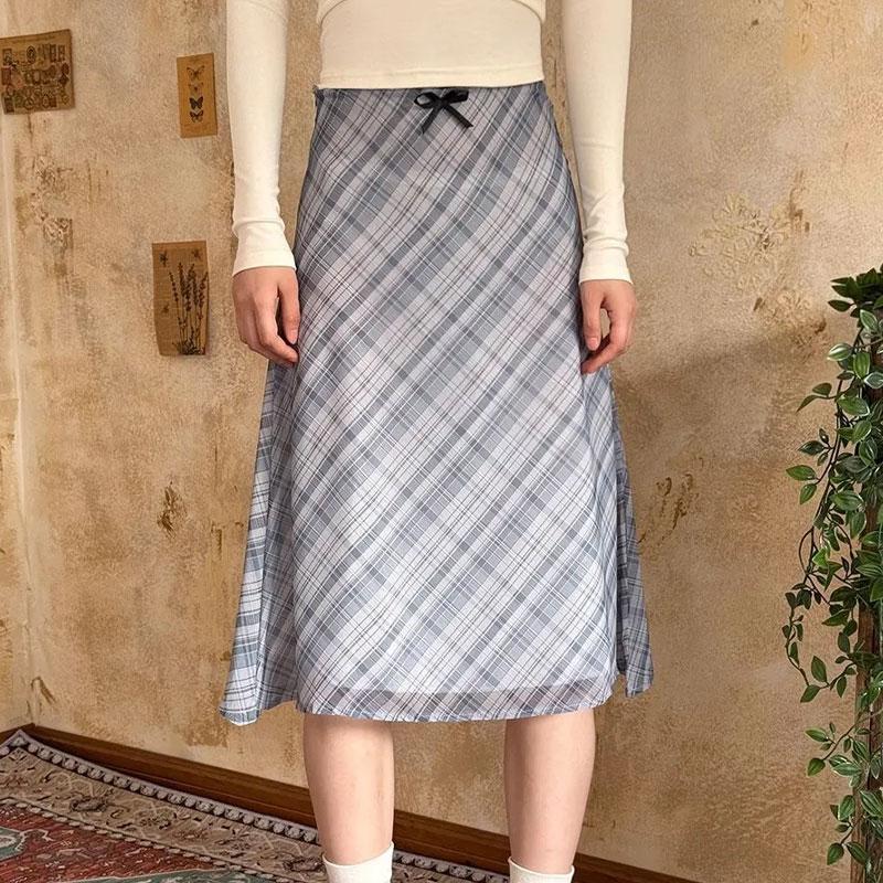 

Women s Asymmetric Neck Long Sleeve Top & Plaid A-Line Midi Skirt Set XL чорний