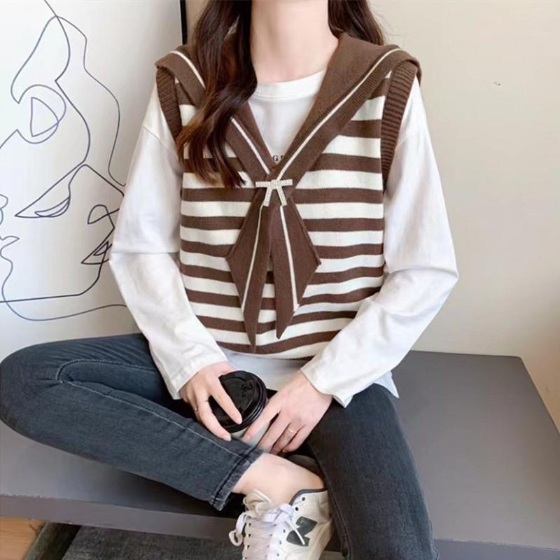 

Новый шикарный корейский модный полосатый жилет, вязаные винтажные свитера, женские осенне-зимние повседневные женские жилеты One Size коричневый