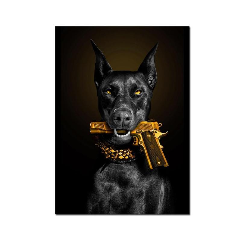 Modny czarny doberman, pies, lew z pistoletem, plakat, płótno, obraz, luksusowe zwierzę, malowidło ścienne do salonu, wystrój domu