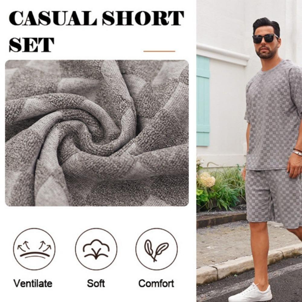 Men's Sports Suit Summer New Korean High Street Jacquard Plaid T-shirt Shorts Two-piece Set Male Casual Retro Loose O-neck Top
