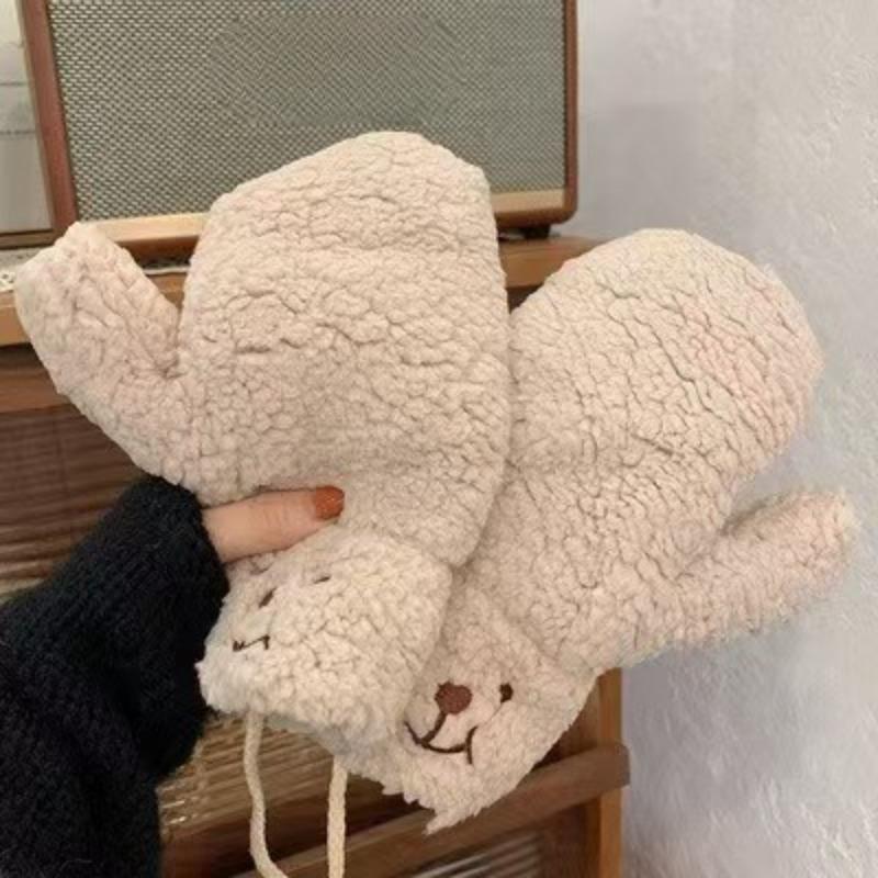 Winter Lamb Wool Bear Mittens Female Neck Cute Student Fleece Thickened Warm and Cold