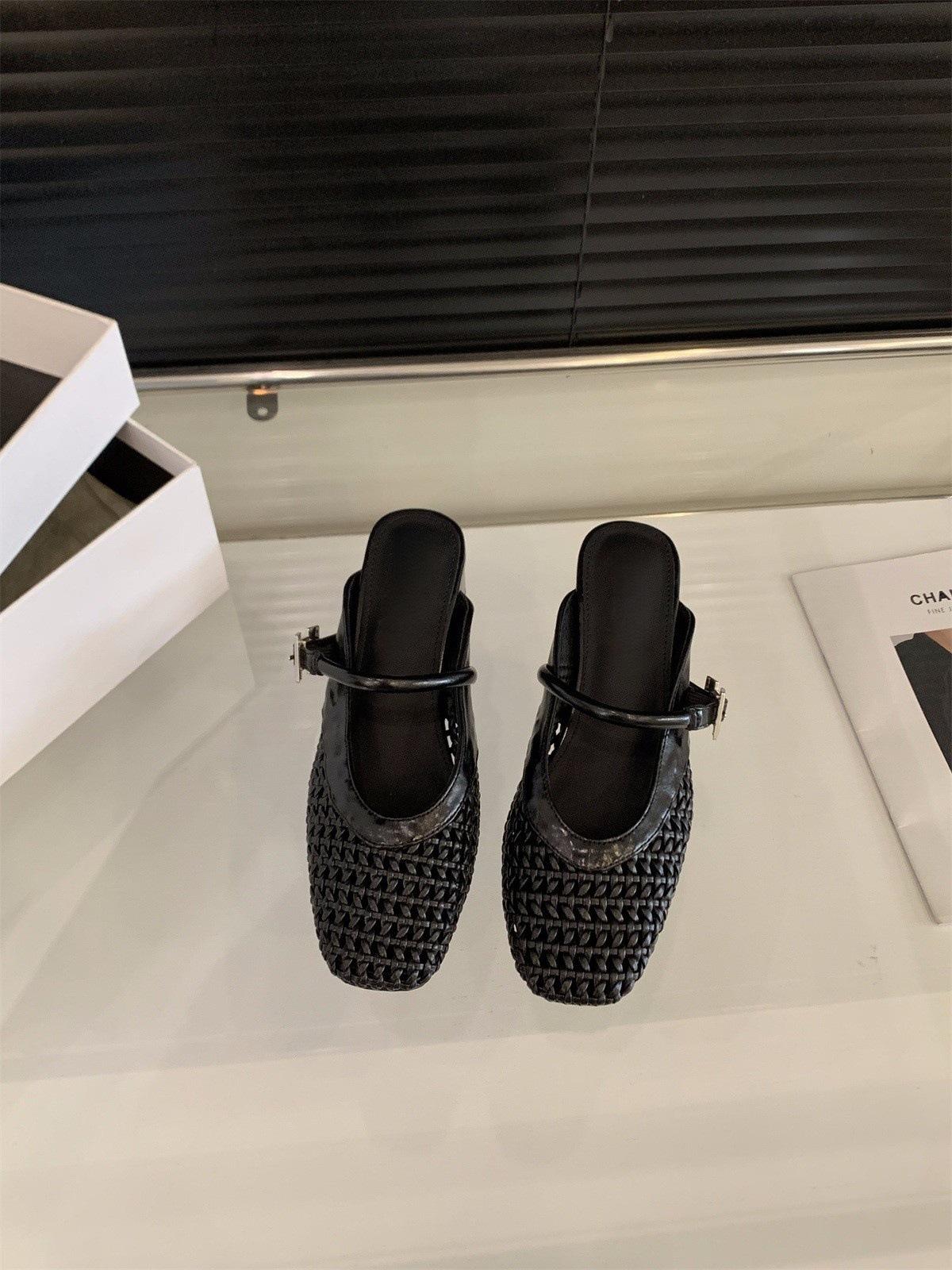 

Золотистая плетеная сетчатая сумка голова полушлепанцы женская обувь для улицы 2025 лето средний и высокий каблук Мэри Джейн полуподнос одинарная обувь 35