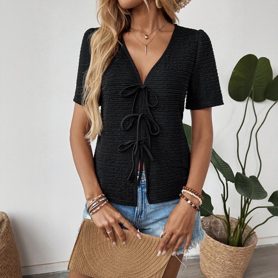 

YYFS K Женская мода Повседневные Летние Весенние Однотонные Принтованные Блузки и Рубашки с Коротким Рукавом и V-образным Вырезом XL чёрный