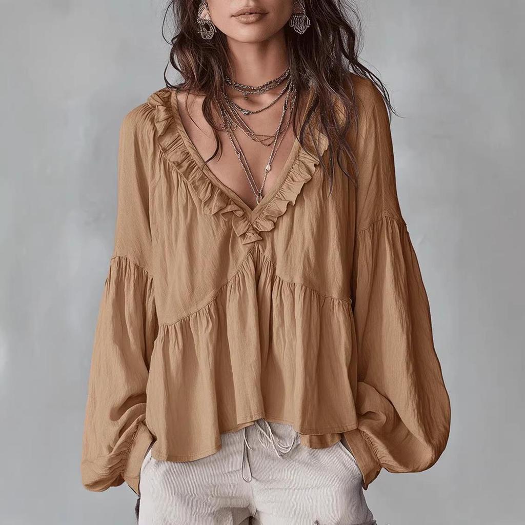 2026 Spring/Summer Ruffled Puff Sleeve Pleated Shirt - European & American Style