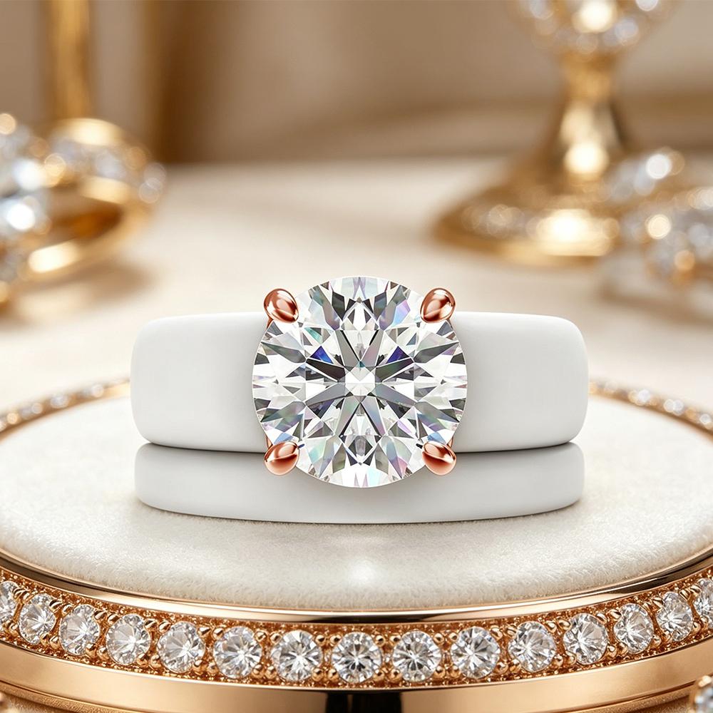 Round Cut Cubic CZ Ring with 2 Layers of White Silicone Ring, Modern Thick Rose Gold Plated Declaration Ring, Daily Jewelry