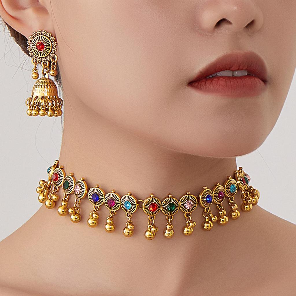 Bohemian Exotic Rhinestone Tassel Necklace & Earrings Set In Antiqued Alloy