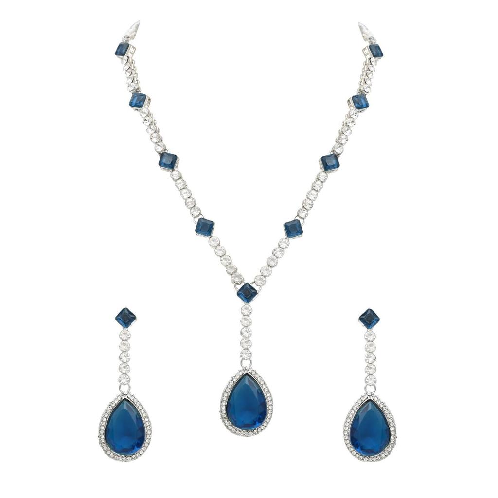Silver Plated Crystal Drop Necklace & Earring Set For Women