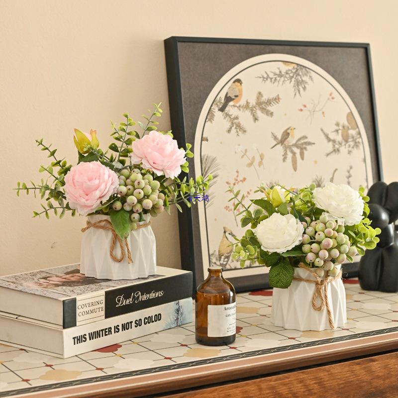 Small Artificial Potted Flower Arrangement – Fake Green Plant for Living Room Décor