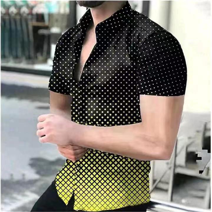 Stylish short-sleeve polka dot shirt, trendy gradient design for casual wear.
