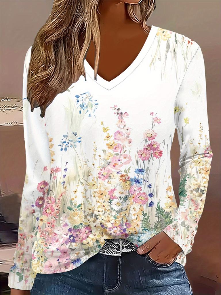 Women's Elegant V-Neck Marble Print Long Sleeve T-Shirt Soft Polyester Great for Autumn and Winter Casual Wear Floral Print Tops