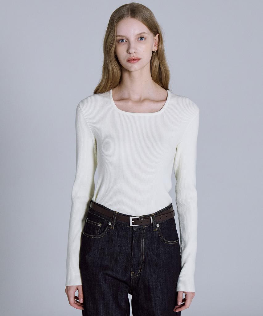 BASIC HOUSE Women'S Square Neck Long Sleeve Sweater Ivory Lykt7204