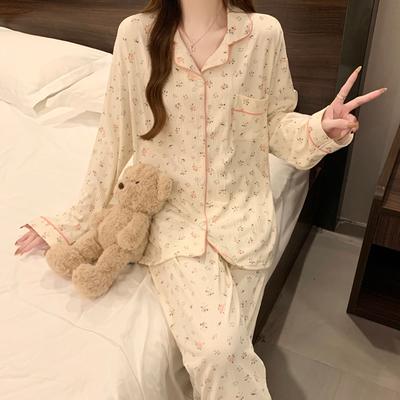 French Aesthetic Small Flower Print Pajamas Set Long Sleeve & Elastic Waist Pants Two Pieces Set Pajamas Causal Nightwear
