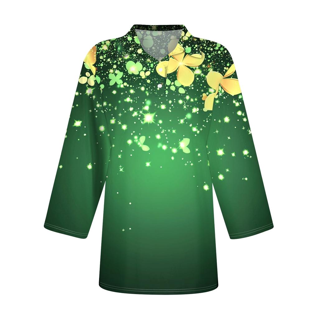 Women's Fashion Casual Lapel 3/4 Sleeve Print Shirt Women's Button Up Tops