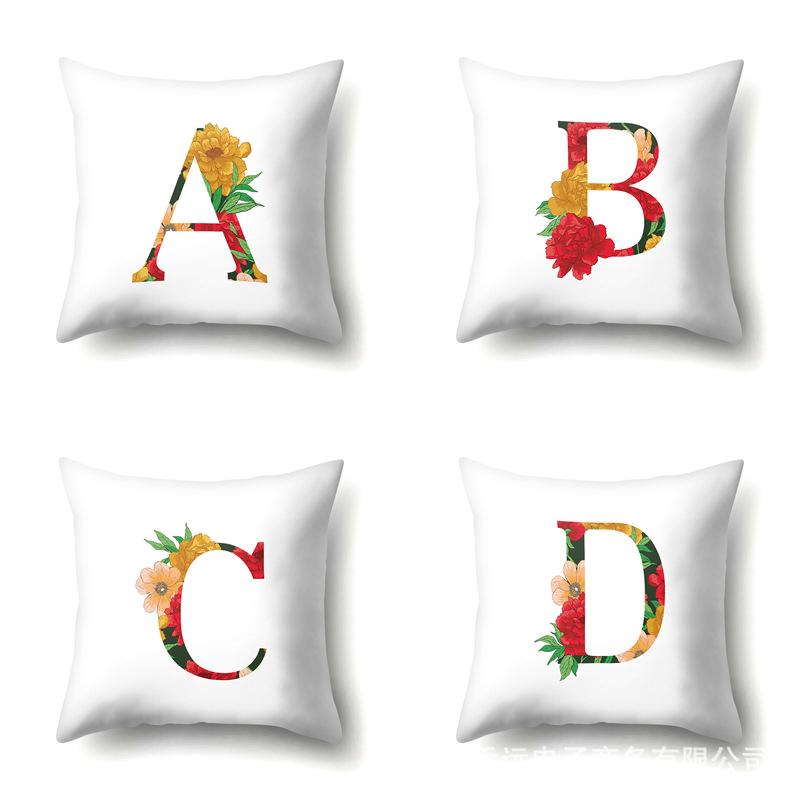 Polyester Pillowcase Watercolor Flowers Car Decoration Print 26 English Letters Home Cushion Cover