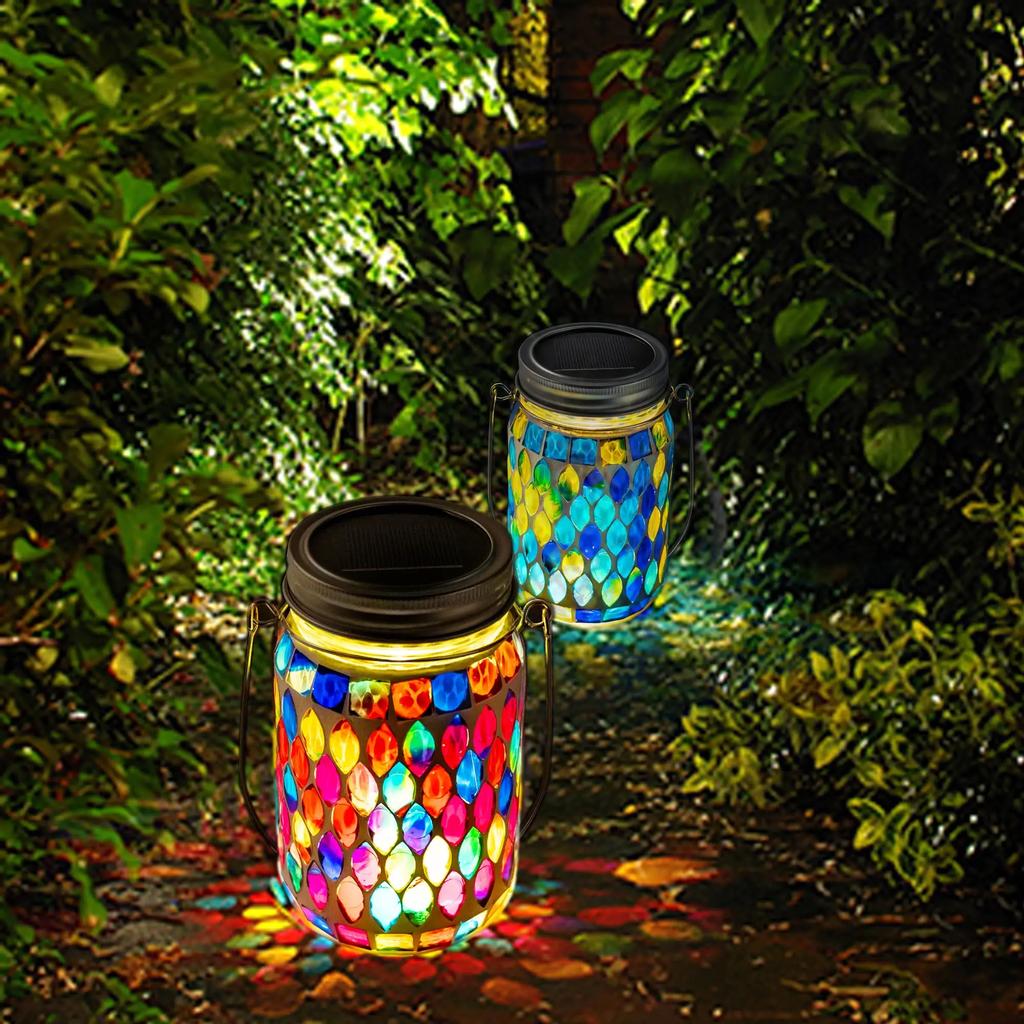 1PC Solar Powered Mosaic Hanging Light Outdoor Waterproof Glass Table Lamp for Indoor Outdoor Garden Patio Party Yard Balcony