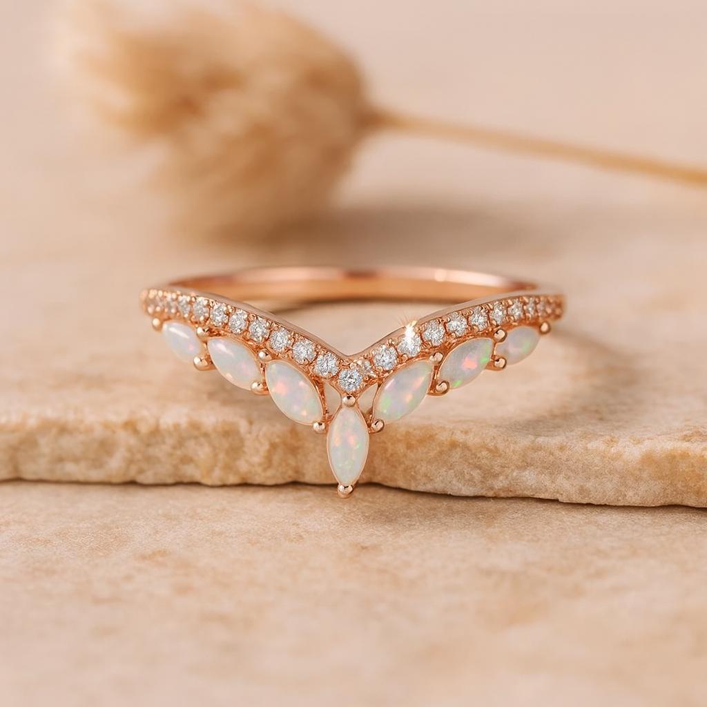 

V Shape Opal Ring, Rose Gold Plated Silver Chevron Band, Marquise Cut Opal with CZ Stones, Women’s Wedding Stackable Ring K