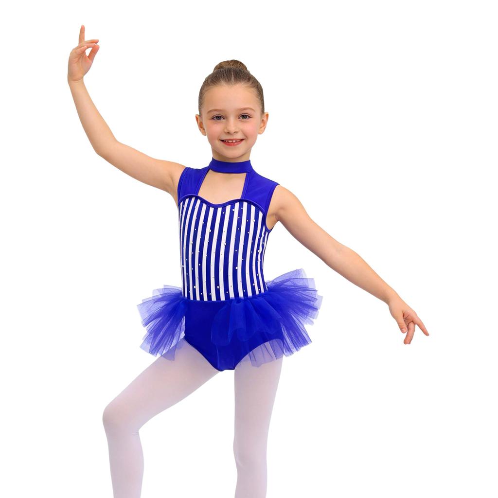 Girls Ringmaster Bodysuit Striped Jumpsuit Rhinestone Details Sleeveless Cutout Waist Mesh Ruffle Performance Costume
