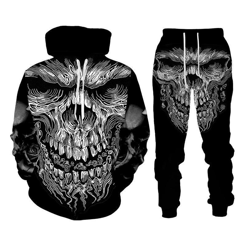 Vintage Gothic Skull Pattern 3D Print Men Tracksuit Sets Casual Hoodie+Pants 2pcs Sets Oversized Sweatshirt Trend Men Clothing