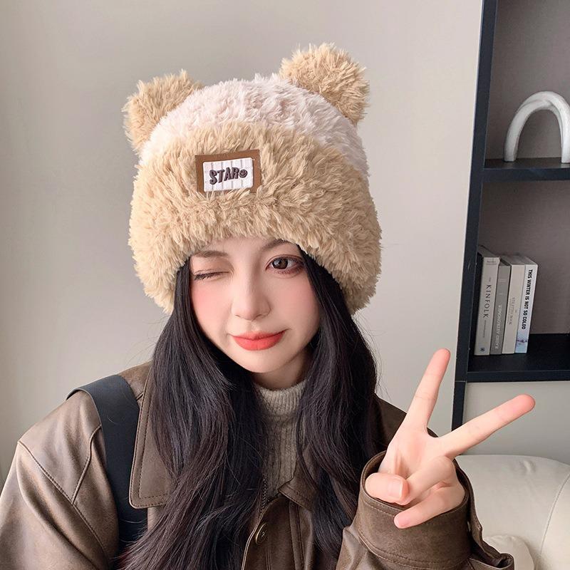 Autumn and winter hats, women's patches, bear plush hats, big head circumference, cute knitted hats, versatile and face-showing small wool hats