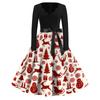 Women's Casual Christmas Print V-Neck Vintage Dress for Holiday Parties and Everyday Wear