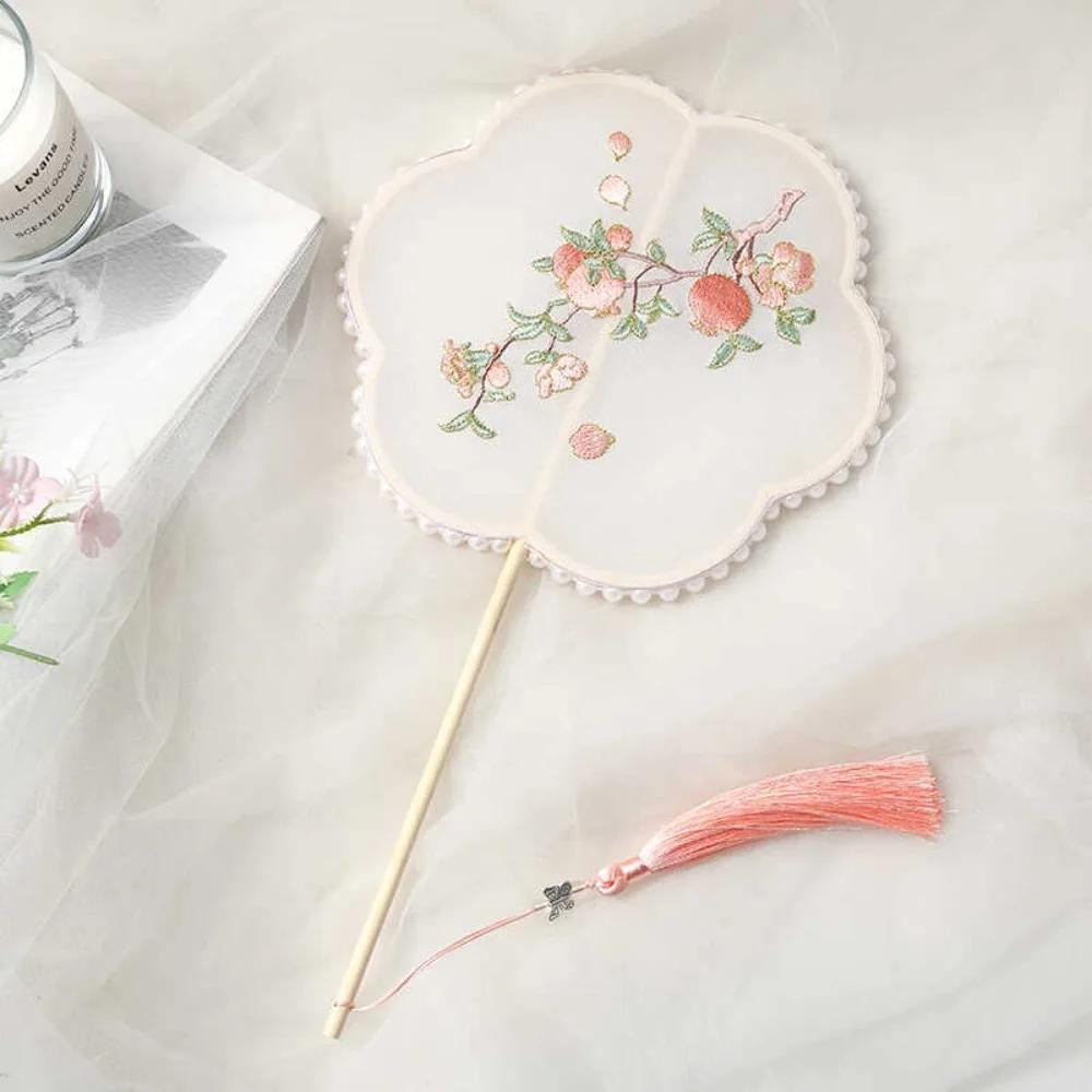 Handmade Embroidery Ancient Style Long Handle Fan Classical Pearl Tassel Flower Shape Fan Vintage Elegant Dancing Fan Travel