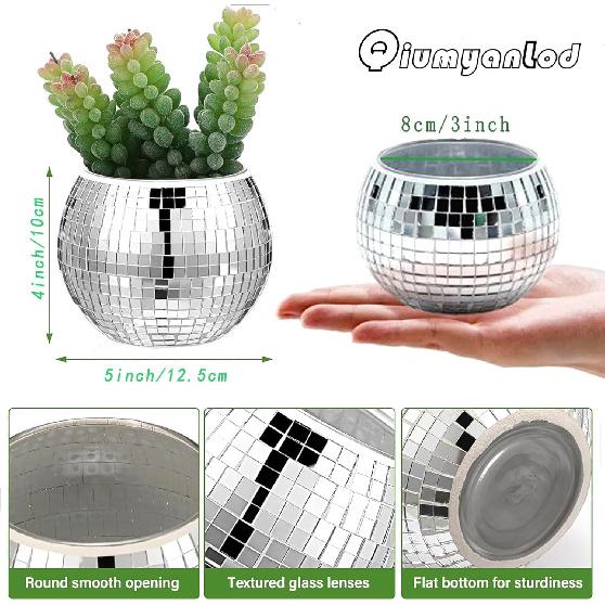 Disco Ball Planter,Disco Ball Vase,Disco Ball Flower Pot,Disco Ball Bowl,Disco Plant Holder,Silver Mirror Glass Disco Ball Decor Vase for Table