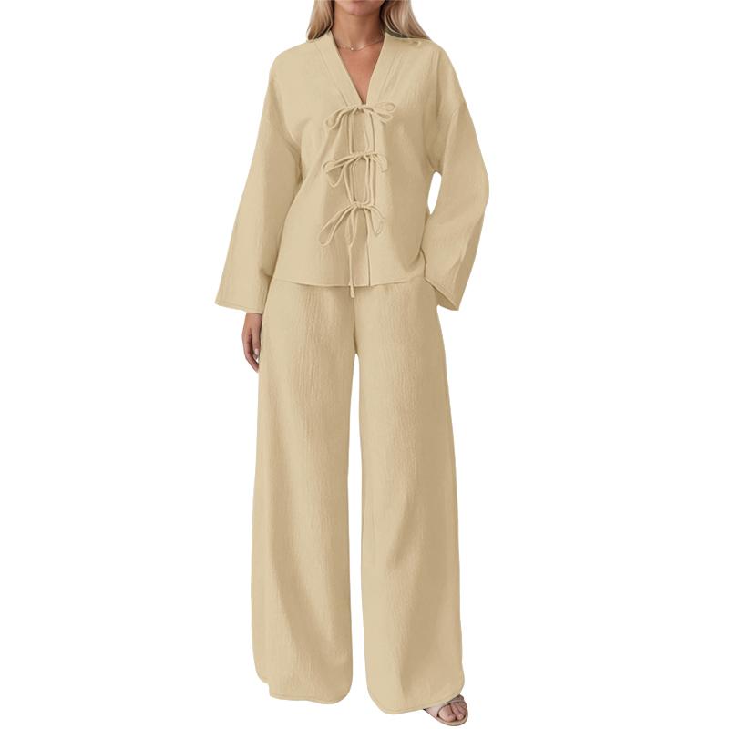 

ZANZEA Женский Блузка с длинным рукавом на шнуровке и брюки Повседневные комплекты-двойки L хаки