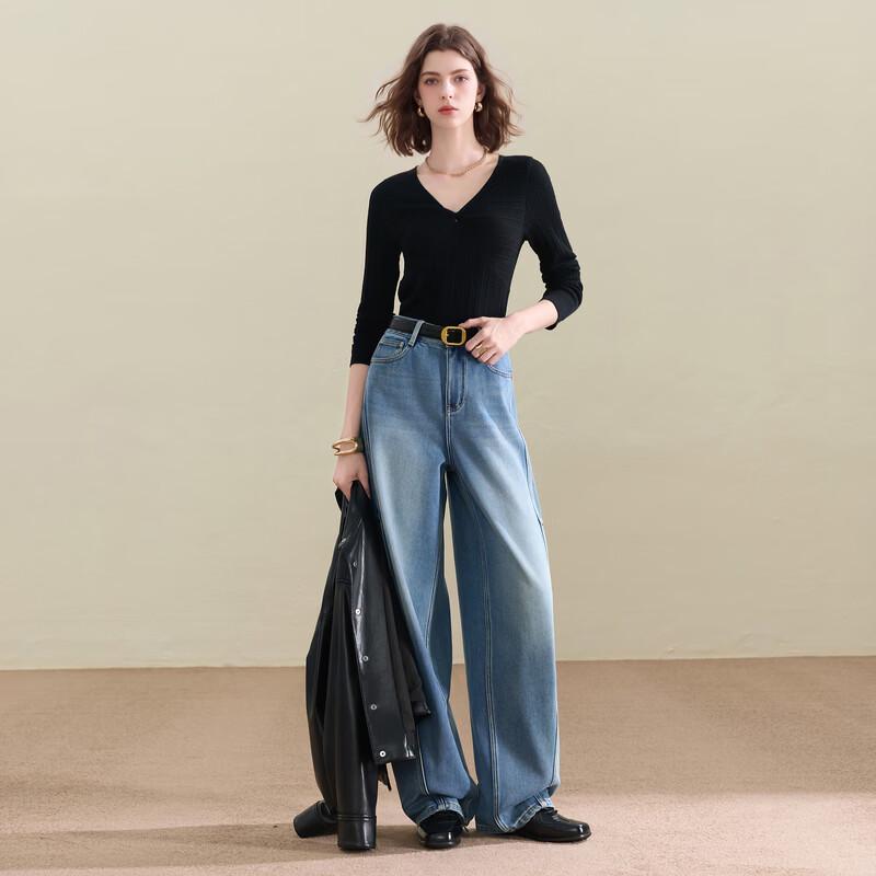 Sancai Winter Fleece-Lined Loose Fit Curved Jeans