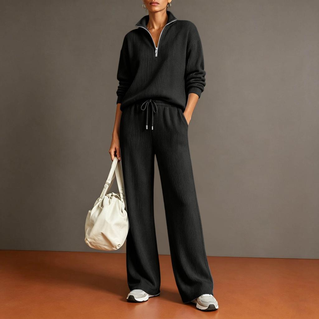 Women's Casual Half Zip Pullover Sweater and Wide Leg Pants Two Piece Set Lightweight Knit Loungewear Tracksuit for Everyday Wear