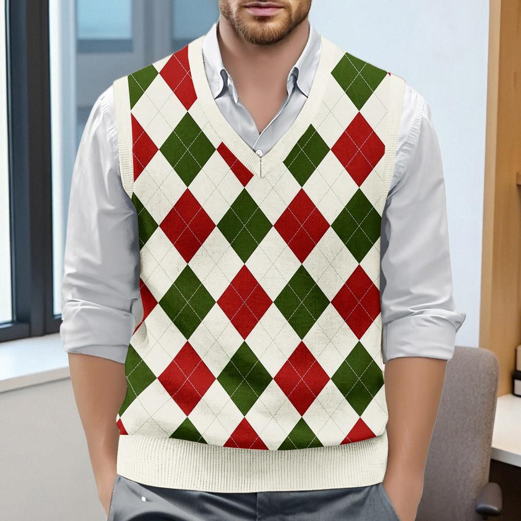 Men's Plaid Printed Sleeveless V-neck Vest Knit Jumper