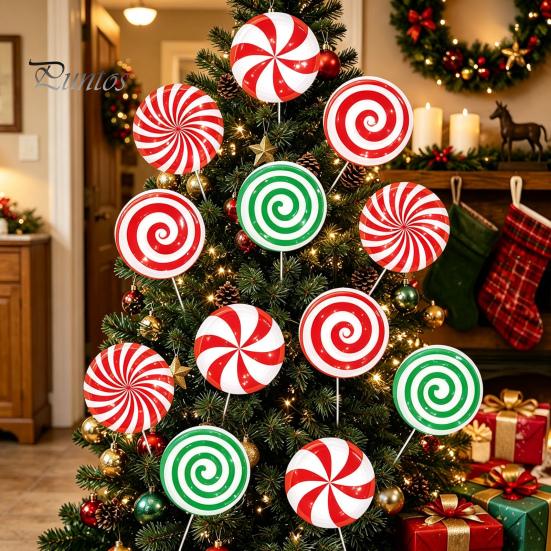 Reusable Outdoor Christmas Ornaments 12Pcs Candy Yard Stakes, Hollow Board Garden Decor with Metal Spikes, Easy Install Lawn Signs Red White Green for