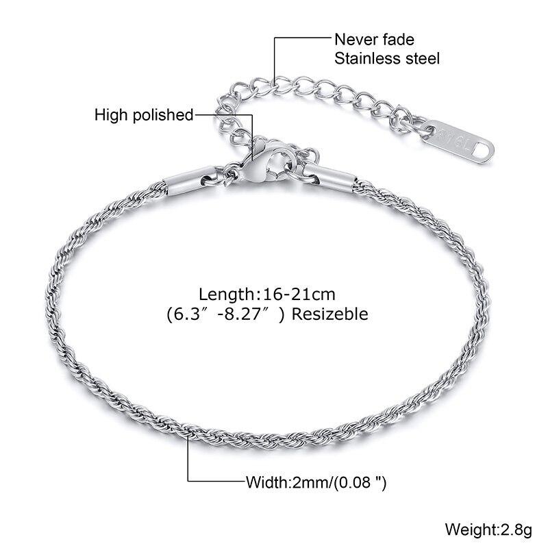 2/3/4/5mm Men's Stainless Steel Twisted Rope Chain Bracelets,Hip Hop Punk Adjustable Gold Color Chain Wristband Gift