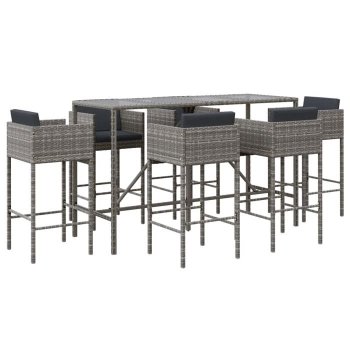 VidaXL Ensemble de bar de jardin 7 pcs avec coussins gris poly rotin, ensemble de table de bar, table et chaise de bar, 3200653