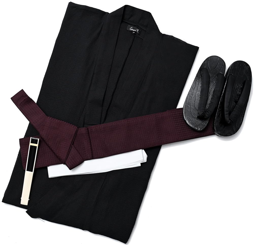 CavariA Unisex Yukata Set Obi Geta Fan Waist Strap F Type Karasu Zhu Tsuzuri [SILVER BULLET] Men's 5-Piece CABI19-01-a (48(XL), (Sumi Obi))