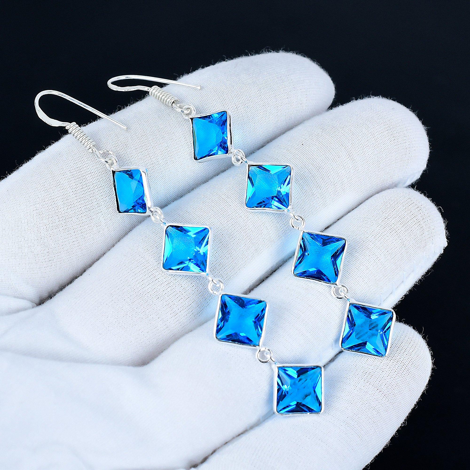 

Blue Topaz Gemstone Earrings, 925 Sterling Silver Earrings, Handmade Silver Earrings For Gift, Blue Topaz Dangle Earrings New Year Gift 8 CM синій