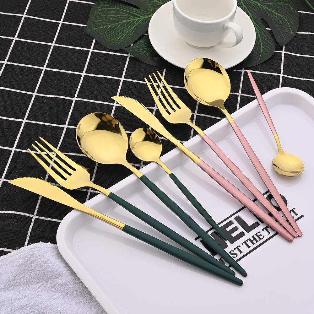 Jankng Gold 24Pcs Western Dinnerware Stainless Steel Daily Cutlery Set Knife Fork Coffee Spoon Tableware Set With Storage Rack