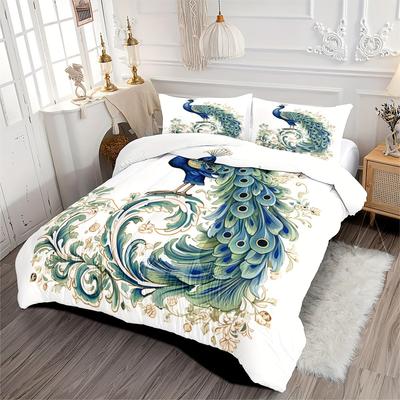[Magnifique Literie] Magnifiques Ensembles de Literie Verts Imprimés en 3D Paon Taille Complète Ensemble Housse de Couette 1 Housse de Couette, 2 Taies d'Oreiller