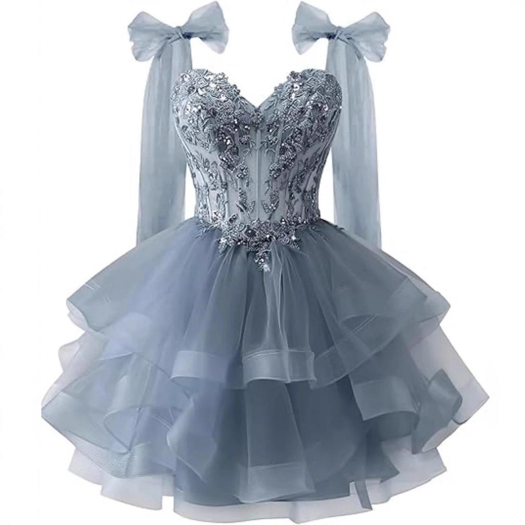 Sparkling lace applique short back to school dress, layered chiffon bow strap mini ball skirt, girls' party outfit, Halloween party