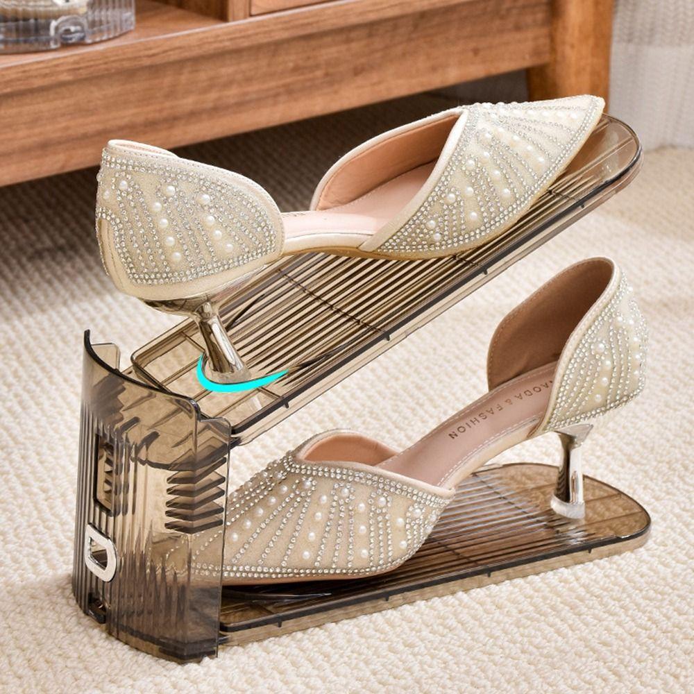 2Pcs Adjustable Heights Double Layer Shoe Rack Transparent Slipper Racks  for Home