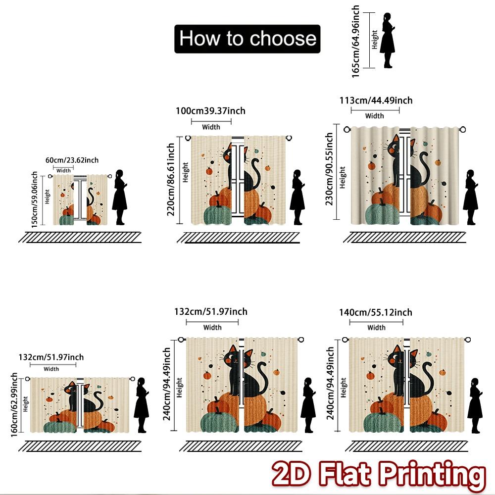 2D flat printing 2pcs Party Curtains Black Cat Pumpkins Cute Halloween Digital Printed Polyester Drapes Festive Wall Decor Use