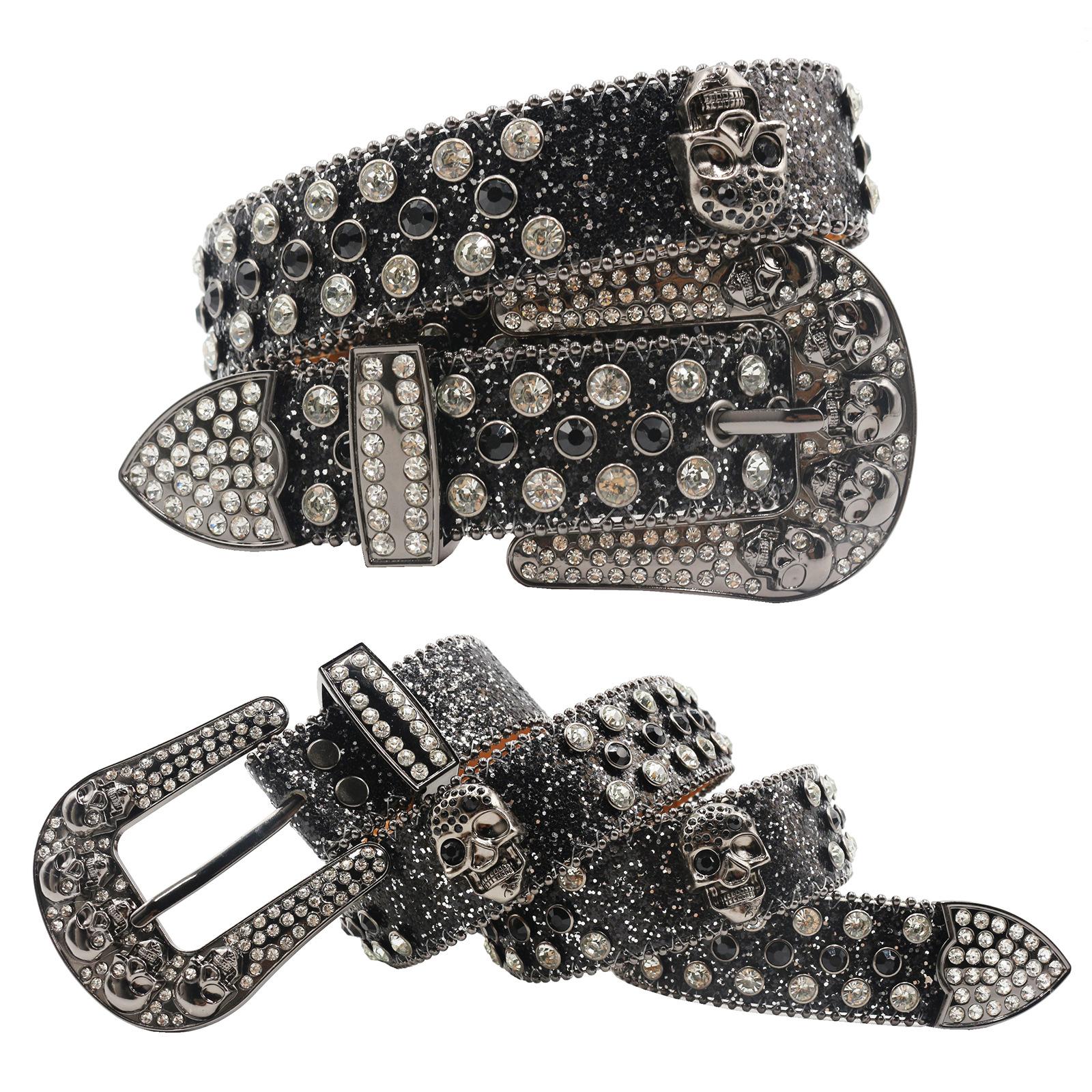Writing A Notebook Women's Dark European And American Skull Rhinestone Inlaid Belt High-End Pin Buckle Full Diamond Sequin Hip-Hop Decoration Nightclub Belt 125Cm