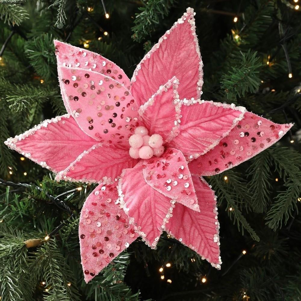 New Large Artificial Poinsettia Flower Sequins Glitter Christmas Glitter Flower Sparkling Sequins Flower Christmas Decoration