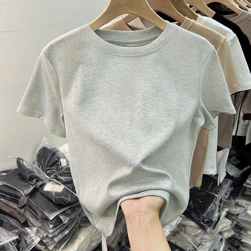 

Shoulder Basic Style Solid Color round Neck Short Sleeves Silm T-Shirt White Ash (pure color paragraph) XL