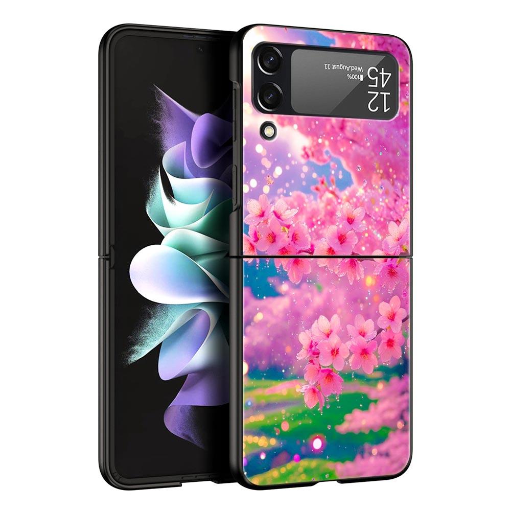Korean Flower Hard PC Phone Case For Samsung Galaxy Z Flip 7 6 5 4 Black Cover For Galaxy Z Flip 3 Foldable Fundas Shell Capas