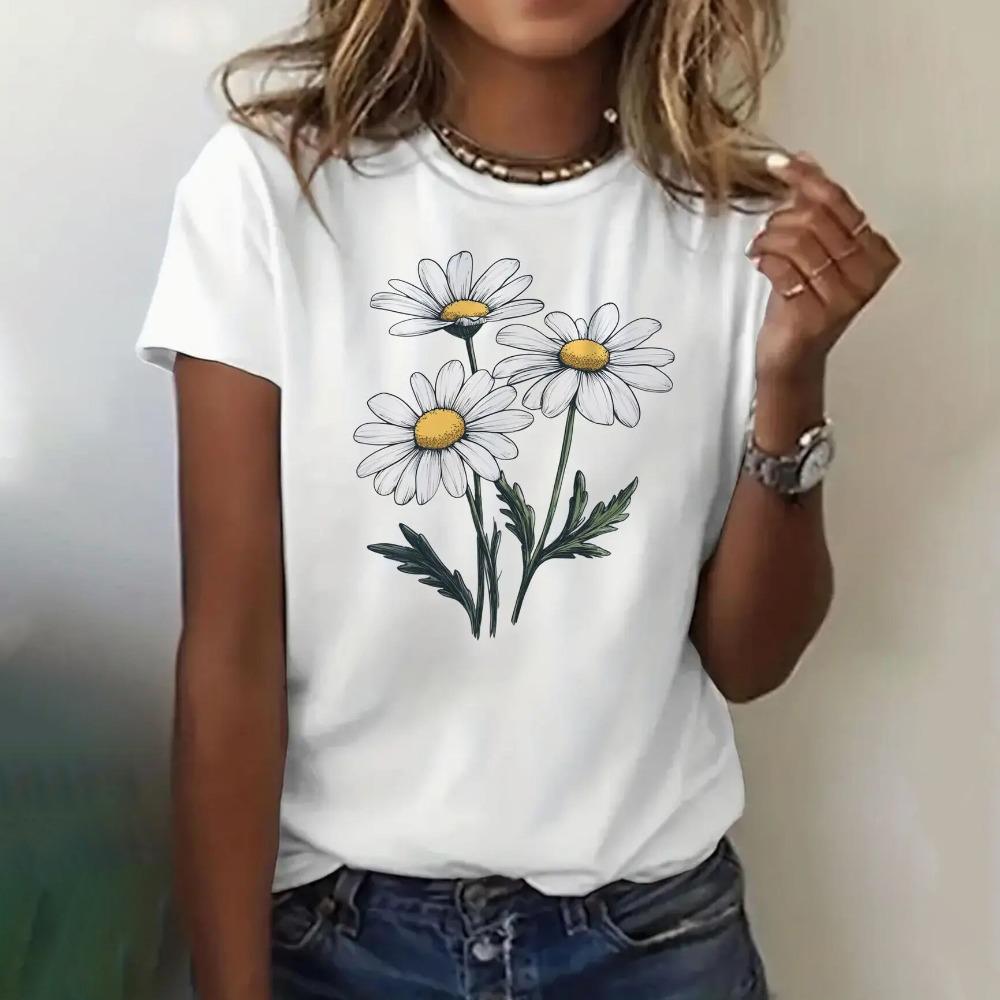 Ny Sommar 3D-tryckt Dam T-shirt Utomhus Rund Hals Kort Ärm Blommönster Tryck Kvinnlig Streetwear Mode Kläder